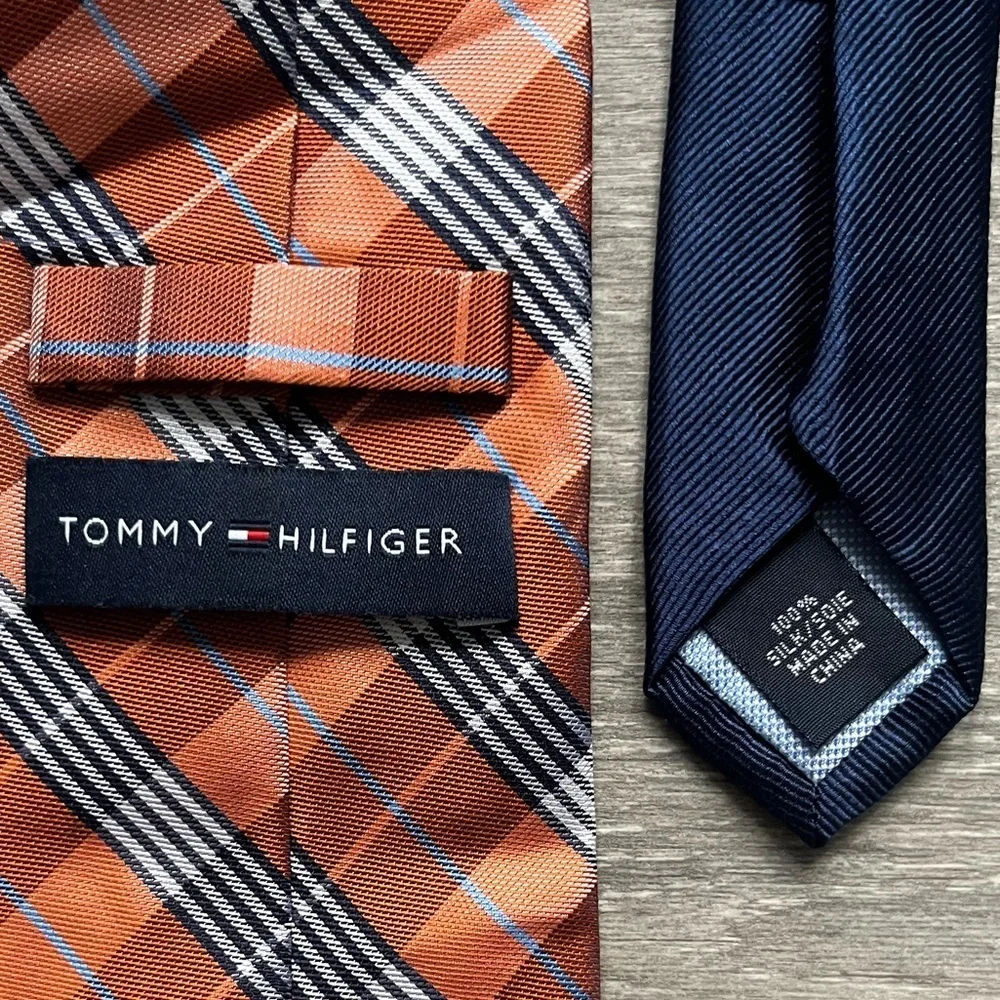 Tommy Hilfiger Orange Navy Plaid 100% Silk Neck Tie Work Business Career 60”x 3”